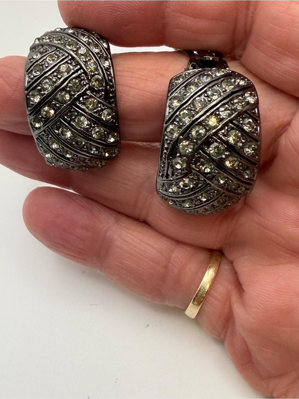 Vintage gunmetal rhinestone basket, weave statement clip on earrings